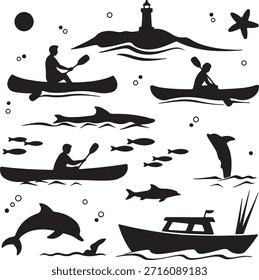 Vector gráfico que muestra la colección de Elementos náuticos y de la vida marina. Incluye siluetas de barcos, kayaks y animales marinos, como delfines y tiburones, paisajes oceánicos con olas, islas y un faro. Diseño adecuado para ilustrar materiales de temática oceánica, folletos de vacaciones o eventos náuticos.