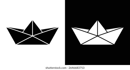 Vector graphic displaying a paper boat origami silhouette. One is black on white, the other is white on black, creating a stark contrast. Minimalist design, ideal for icons.