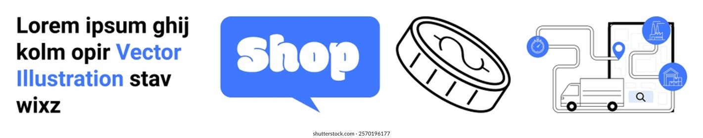 Vector graphic displaying a Shop button, digital coin, and logistics network. Ideal for ecommerce, digital payments, online shopping, technology integration, and logistics. Banner for landing page