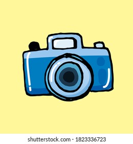 vector graphic displaying a stylish blue digital camera icon outlined in black against a lively yellow background. Perfect for photography enthusiasts, tech-related visuals, or modern digital media