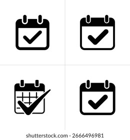 El gráfico de Vector muestra cuatro íconos de calendario con marcas de verificación sobre un fondo transparente, cada uno distinto en detalles de diseño sutiles, renderizados en blanco y negro.
