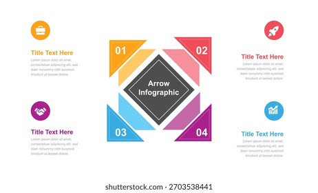 Un gráfico de Vector muestra una infografía de flecha de cuatro etapas con íconos, bloques de texto y números de escenario sobre un fondo blanco limpio, perfecto para presentaciones.