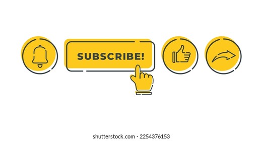 Vector graphic doodle art illustration of subscribe button, like, share, notification bell icon. Using the yellow color option, it is designed in a flat style. Perfect for digital communication, vlogs