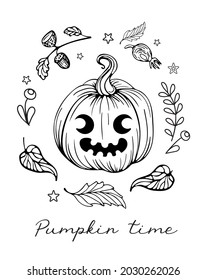 Vector graphic doodle illustration in vintage style for halloween. Pumpkin - ghost, jack-o -lantern. Autumn vegetables and leaves. For stickers, posters, postcards, design elements, tattoo