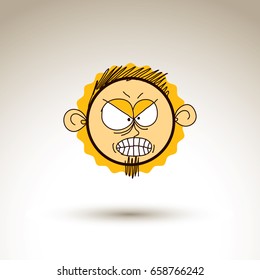 Dibujo vectorial de cara de persona enojada, bizarro retrato masculino. Ilustración de temas de redes sociales, idea de emociones humanas.