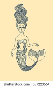 Vector graphic drawing  fairy Mermaid with long curly hair. 