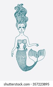 Vector graphic drawing  fairy Mermaid with long curly hair. 