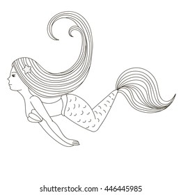 Vector Graphic Drawing Fairy Mermaid With Long Curly Hair. Painted Black Lines On A White Background