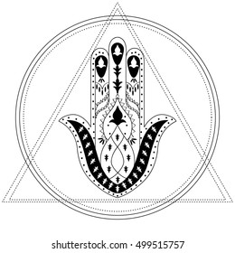 Vector graphic drawing of a hamsa hand. Hand of Fatima religious symbol. Vintage bohemian style. Adult coloring book. Vector illustration.