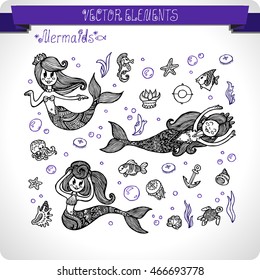 Vector graphic drawing Mermaid with long curly hair. Painted black lines. Elements for design.