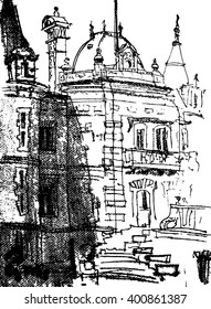 Vector. Graphic drawing of palace. Monochrome sketch illustration of old historical building on a white background. Crimea. Ukraine