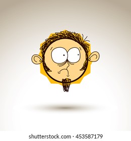 Dibujo gráfico vectorial de la cara de la personalidad, bizarro retrato masculino. Ilustración de temas de redes sociales, idea de emociones humanas.