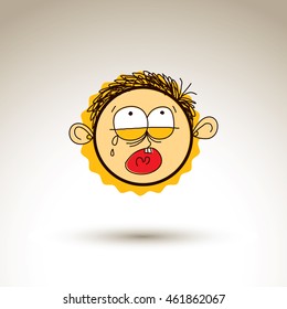 Vector graphic drawing of personality face, bizarre male portrait. Social network theme illustration, human emotions idea. Crying child.