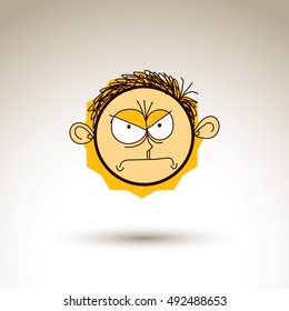 Vector graphic drawing of personality face, bizarre male portrait. Social network theme illustration, human emotions idea.