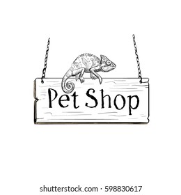 Vector graphic drawing of a pet store sign. Suspended wooden signboard on which sits chameleon