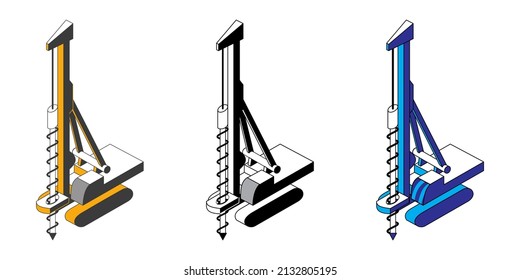 Vector graphic drilling vehicle on track-type platform. Pictures painted in black and white plus gray, yellow and blue colours. Ready to use.