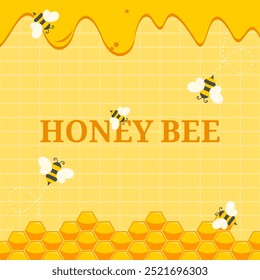 Vector graphic of dripping honey, little bees and honeycomb borders background suitable for world honey bee day