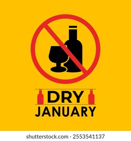 Vector graphic of Dry January, a challenge designed to encourage individuals to refrain from drinking alcohol during the entire month. Banner poster, flyer and background design template.