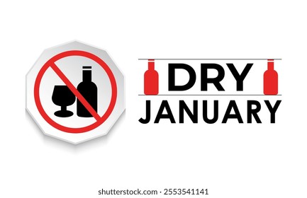 Vector graphic of Dry January, a challenge designed to encourage individuals to refrain from drinking alcohol during the entire month. Banner poster, flyer and background design template.