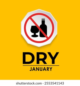 Vector graphic of Dry January, a challenge designed to encourage individuals to refrain from drinking alcohol during the entire month. Banner poster, flyer and background design template.