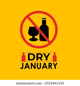 Vector graphic of Dry January, a challenge designed to encourage individuals to refrain from drinking alcohol during the entire month. Banner poster, flyer and background design template.