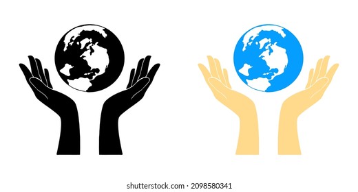 Vector graphic of earth icon above hand. Black and colored. Earth logo. hand logo