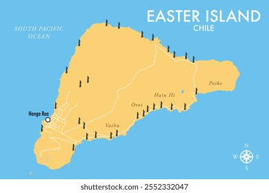 Gráfico vetorial do mapa da Ilha de Páscoa mostrando as principais localizações das estátuas de Moai