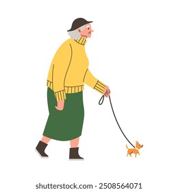 Vector graphic of elderly woman on a walk with small dog on leash. The image illustrates active lifestyle of elderly people and their love for animals.