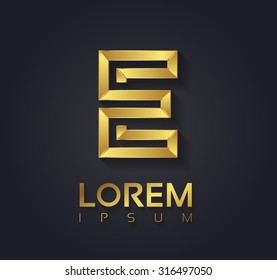 Vector graphic elegant golden font with sample text / symbol / alphabet / Letter E