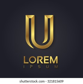 Vector graphic elegant golden font with sample text / symbol / alphabet / Letter U