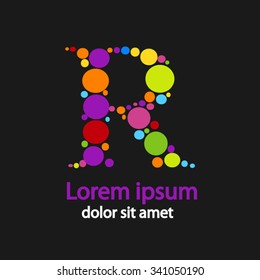 Vector graphic elegant impossible letter R. Color creative vector English language letter with dot on a black abstract background