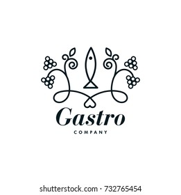 Vector graphic, elegant line art gastronomy icon / FIsh and flower ornament