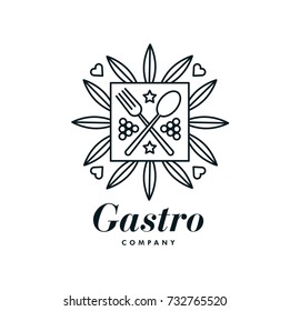 Vector graphic, elegant line art gastronomy icon / Fish, clam and cookery ornaments