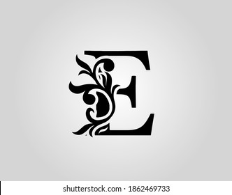 Vector graphic elegant logotype - Letter E Design. Vintage Calligraphic Alphabetical Icon for book design, brand name, stamp, Restaurant, Boutique, Notary, Hotel.  