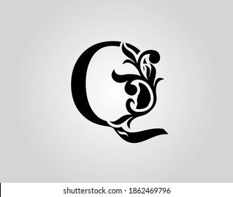 Logotipo elegante vectorial gráfico - Letra Q Design. Icono Alfabético Caligráfico Vintage para diseño de libros, nombre de marca, sello, Restaurante, Boutique, Notary, Hotel.  
