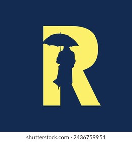 Vector graphic elegant silhouette alphabet symbol Letter R, R logo with a silhouette of a person using an umbrella.