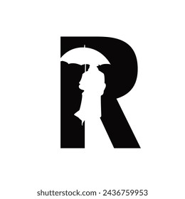 Vector graphic elegant silhouette alphabet symbol Letter R, R logo with a silhouette of a person using an umbrella.