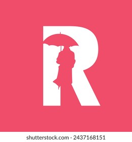 Vector graphic elegant silhouette alphabet symbol Letter R, R logo with a silhouette of a person using an umbrella.