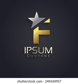 Vector graphic elegant sliced alphabet symbol with star element on top in silver and gold color with sample text / Letter F