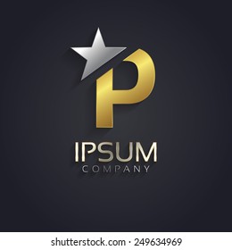 Vector graphic elegant sliced alphabet symbol with star element on top in silver and gold color with sample text / Letter P