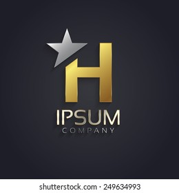 Vector graphic elegant sliced alphabet symbol with star element on top in silver and gold color with sample text / Letter H