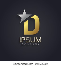 Vector graphic elegant sliced alphabet symbol with star element on top in silver and gold color with sample text / Letter D