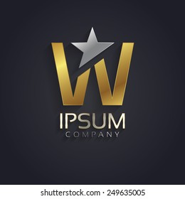 Vector graphic elegant sliced alphabet symbol with star element on top in silver and gold color with sample text / Letter W