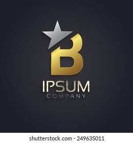 Vector graphic elegant sliced alphabet symbol with star element on top in silver and gold color with sample text / Letter B