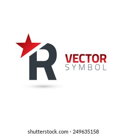 Vector graphic elegant sliced alphabet symbol with star element on top / Letter R