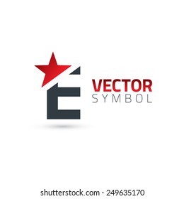 Vector graphic elegant sliced alphabet symbol with star element on top / Letter E