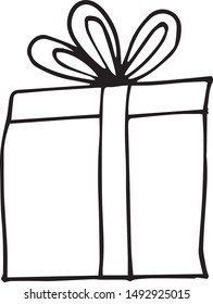 vector graphic element on the theme of holyday birthday, christmas and new year - hand drawn silhouette gift box with bow. black lines on white background. scandinavian simple liner style
