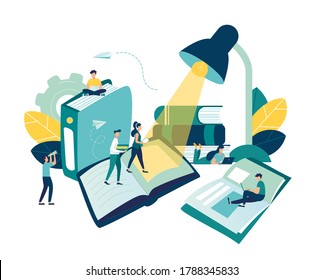 vector graphic elements teaching young people how to learn from books and the Internet. design composition of online students