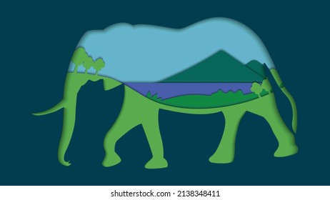 Vector graphic of elephant animal illustration and nature scenes with green, blue and purple color scheme and using paper cut out style. Background animal and landscape illustration