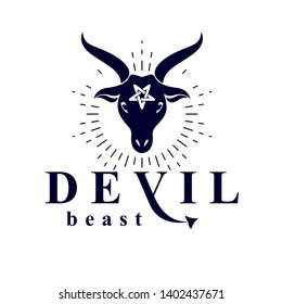Vector graphic emblem of horned goat head made with a pentacle symbol as the illustration of Satan.